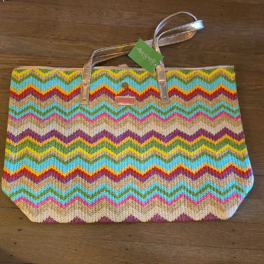 Lilly Pulitzer Multicolor Spring Fling Straw Chevron Tote. NEW - Picture 2 of 11